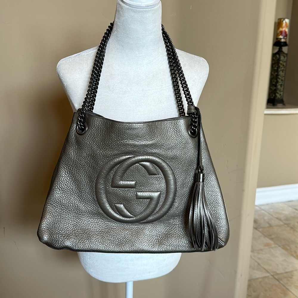 Authentic Gucci, medium Soho purse pebble, calf skin pewter